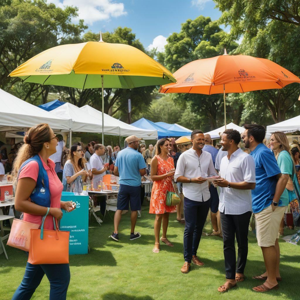 A vibrant, engaging scene showcasing a diverse group of people happily discussing various insurance plans at a colorful outdoor event. Incorporate an attractive booth filled with unique merchandise such as branded tote bags, umbrellas, and informative brochures. The background should feature a sunny sky and lush greenery to create an inviting atmosphere that emphasizes community and shared knowledge. super-realistic. vibrant colors. outdoor scene.