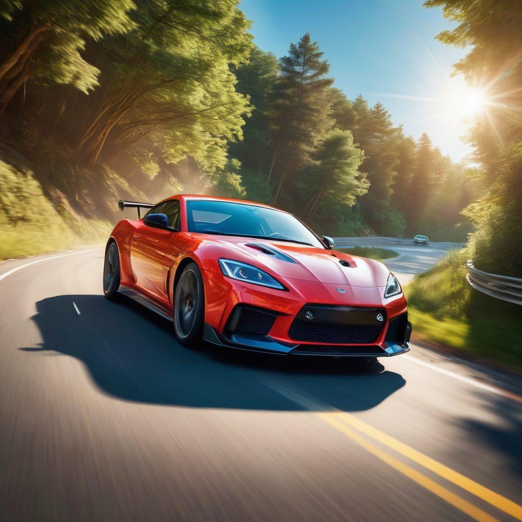 A dynamic scene showcasing a vibrant car racing down a winding road, with colorful banners advertising unique car insurance options in the background. Include elements of playful giveaways like car accessories and surprise gifts on either side. The atmosphere should feel energetic and adventurous, appealing to car enthusiasts. super-realistic. vibrant colors. 3D.