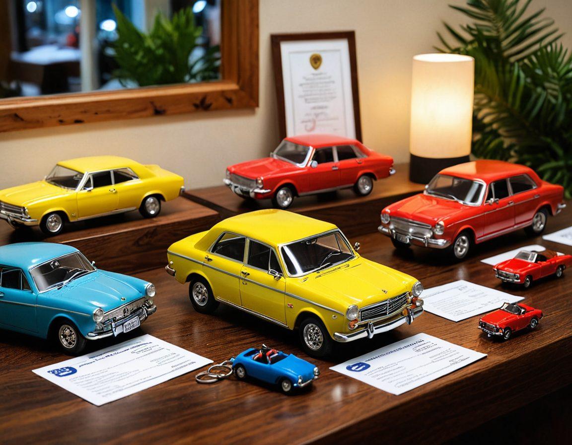 A vibrant scene showcasing an array of unique souvenirs and creative giveaways, intricately displayed across an elegant wooden table. Include auto-themed items like miniature cars, keychains, and personalized insurance documents, surrounded by a soft, inviting glow. In the background, subtle hints of a cozy office or reception area can be seen, enhancing the connection to auto insurance. Emphasize bright colors and detailed textures for a lively, engaging experience. super-realistic. vibrant colors. soft lighting.